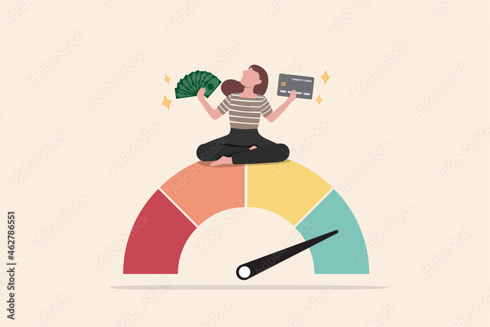 Good credit score for credit card spending with sufficient cash to pay debt create excellent personal financial plan, happy woman hold banknote and credit card sit above credit gauge at good rating. - obrazy, fototapety, plakaty 