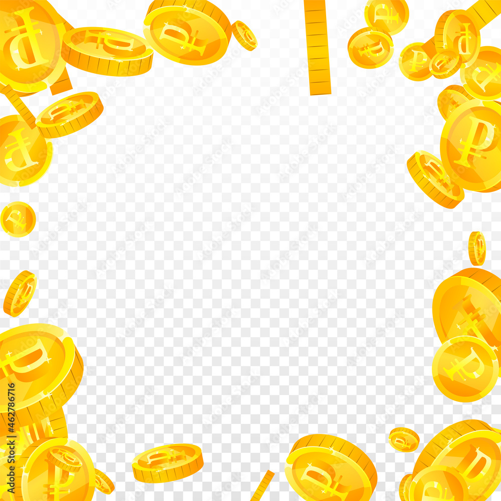 Russian ruble coins falling. Fancy scattered RUB coins. Russia money. Creative jackpot, wealth or success concept. Vector illustration.