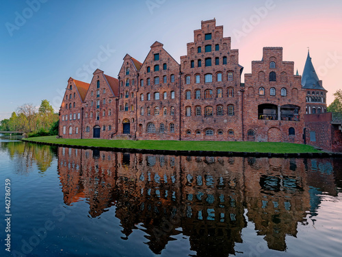 Germany, Schleswig-Holstein, Lubeck, Salzspeicher warehouses at dusk