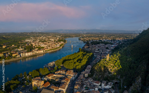 France, Tournon Sur Rhone, Townscape with river at sunset photo