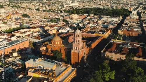 Beautiful sunset in the historic center of the city of Querétaro, shot with drone photo