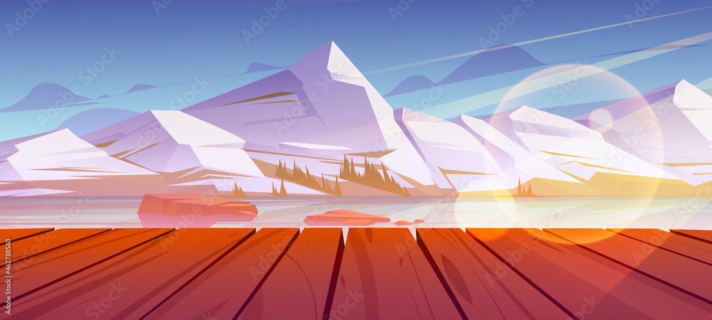 Mountains pond or lake nature landscape, scenery view from wooden pier. Tranquil background white snowy rock peaks and calm clear water under blue sky natural 2d scene, Cartoon vector illustration - obrazy, fototapety, plakaty 