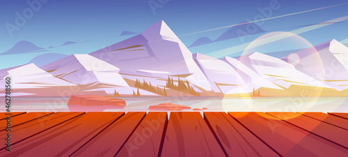 Mountains pond or lake nature landscape, scenery view from wooden pier. Tranquil background white snowy rock peaks and calm clear water under blue sky natural 2d scene, Cartoon vector illustration