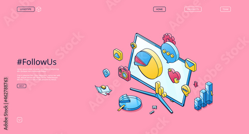 Follow us isometric landing page, social media marketing smm strategy campaign, icons of charts, graphs, mail envelope, camera on computer desktop screen. Influencer viral content 3d vector web banner