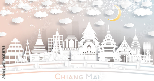 Chiang Mai Thailand City Skyline in Paper Cut Style with White Buildings, Moon and Neon Garland.