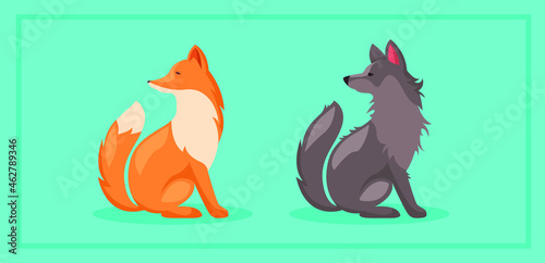 Cute Fox and Wolf in cartoon style set