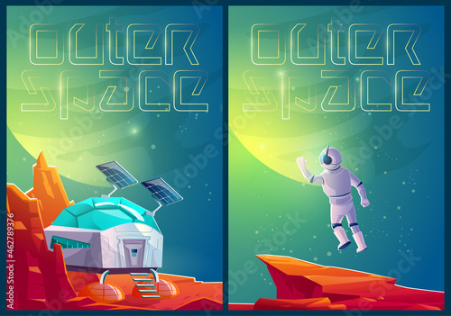 Outer space posters with colony base and astronaut on Mars. Vector banners with cartoon illustration of alien red planet landscape with station and cosmonaut in spacesuit