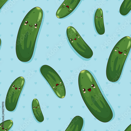 Smiling and laughing cute cartoon cucumbers, seamless background with the vegetables and the hearts