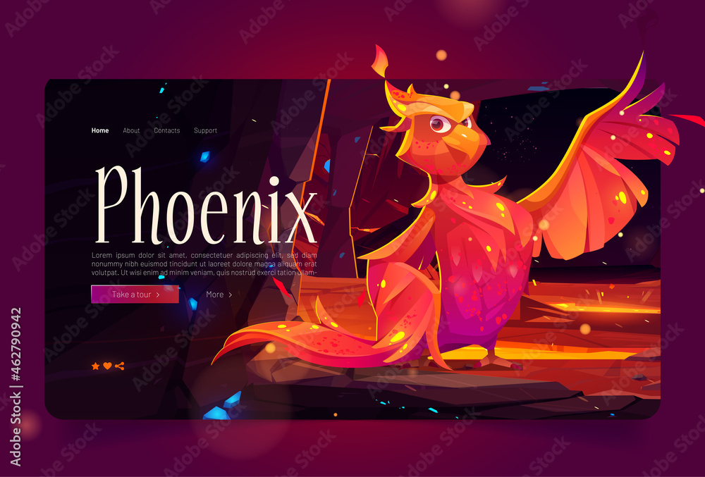 Phoenix banner with fenix in mountain cave with hot lava. Vector landing page with cartoon illustration of fairytale firebird with orange burning feathers in rock tunnel with molten magma - obrazy, fototapety, plakaty 