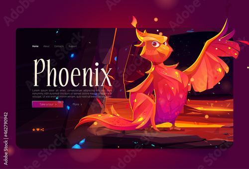 Phoenix banner with fenix in mountain cave with hot lava. Vector landing page with cartoon illustration of fairytale firebird with orange burning feathers in rock tunnel with molten magma