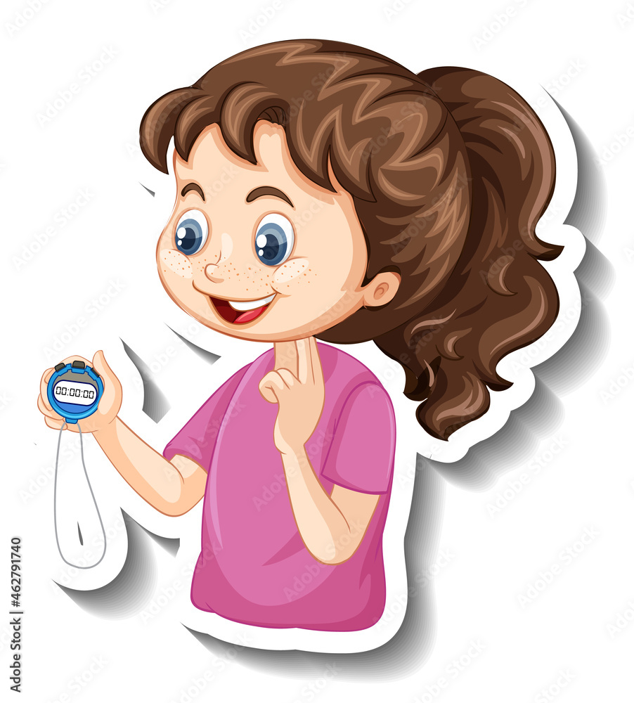 Cartoon character sticker with sport coach girl holding a timer Cartoon character sticker with sport coach girl holding a timer