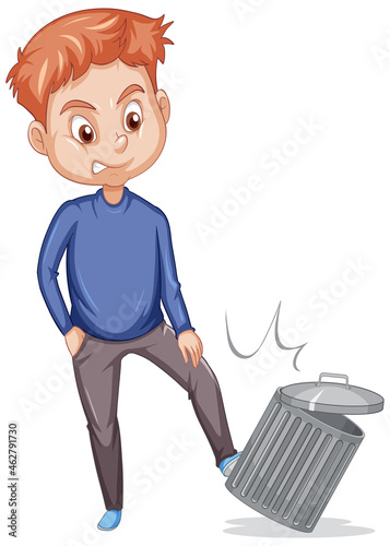 A man kicks trash can on white background