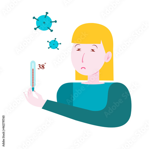 The girl caught the virus and fell ill. Coronavirus. Get sick. Heat. The girl spreads the infection