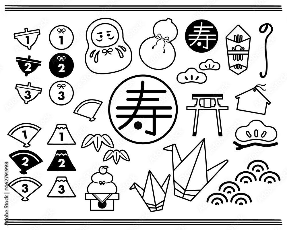 Fototapeta premium 日本のお祝い事 和風ベクターイラスト パーツ素材 モノクロ線画 縁起物