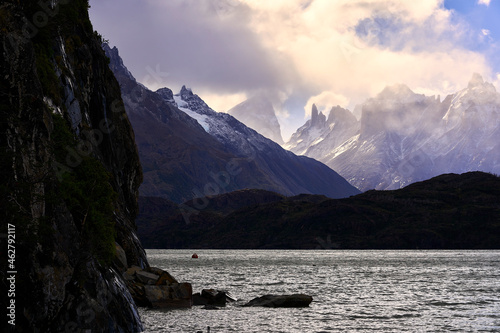 Chile, Ultima Esperanza Province, Grey Lake and surrounding mountains photo