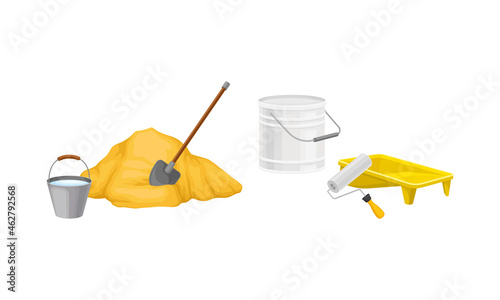 Building construction materials set. Pile of sand, paint bucket vector illustration