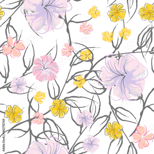 Pink Flowers Blooming Pattern. Pastel Watercolor.