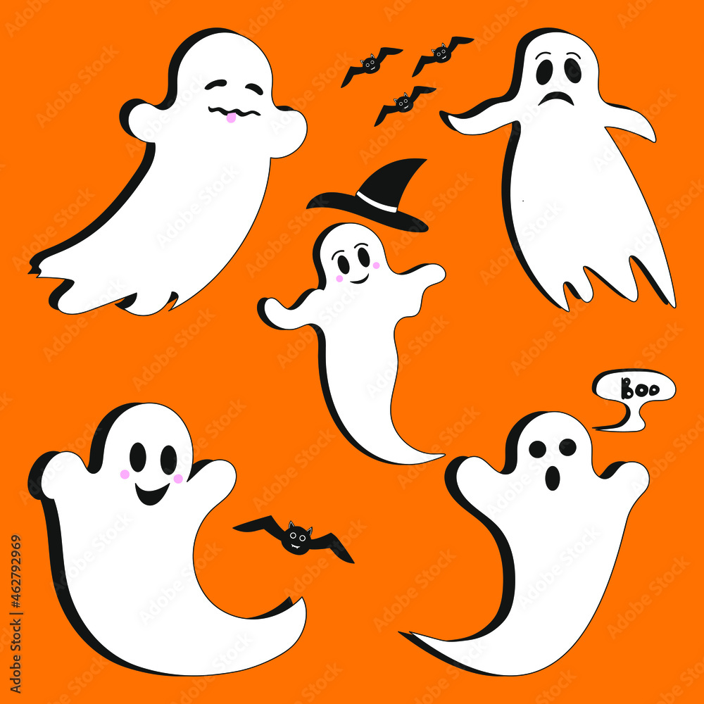 Vector Set of cute white ghosts with bats on orange background Vector Set of cute white ghosts with bats on orange background