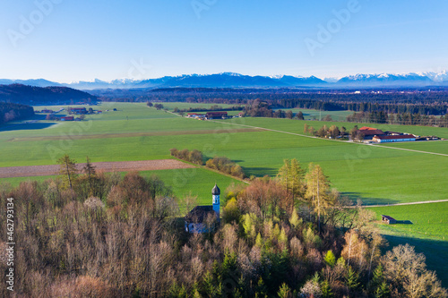 Aerial view of Chapel St. Georg, Ascholding near Dietramszell, Toelzer Land, Upper Bavaria, Germany photo