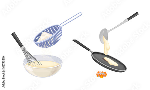 Pancakes cooking process set. Mixing ingredients and frying pancakes in pan vector illustration