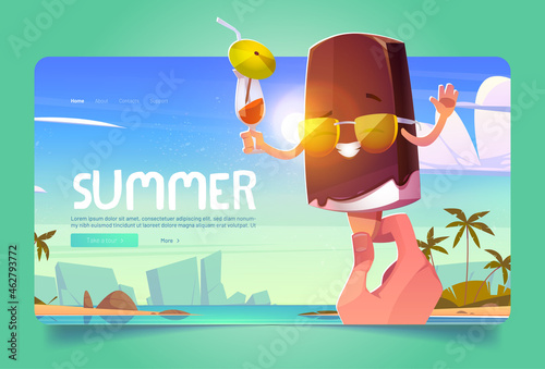 Summer ice cream cartoon landing page, hand holding funny popsicle character wear sunglasses and drinking cocktail, eskimo with kawaii face expressing emotions, melting on heat, vector web banner