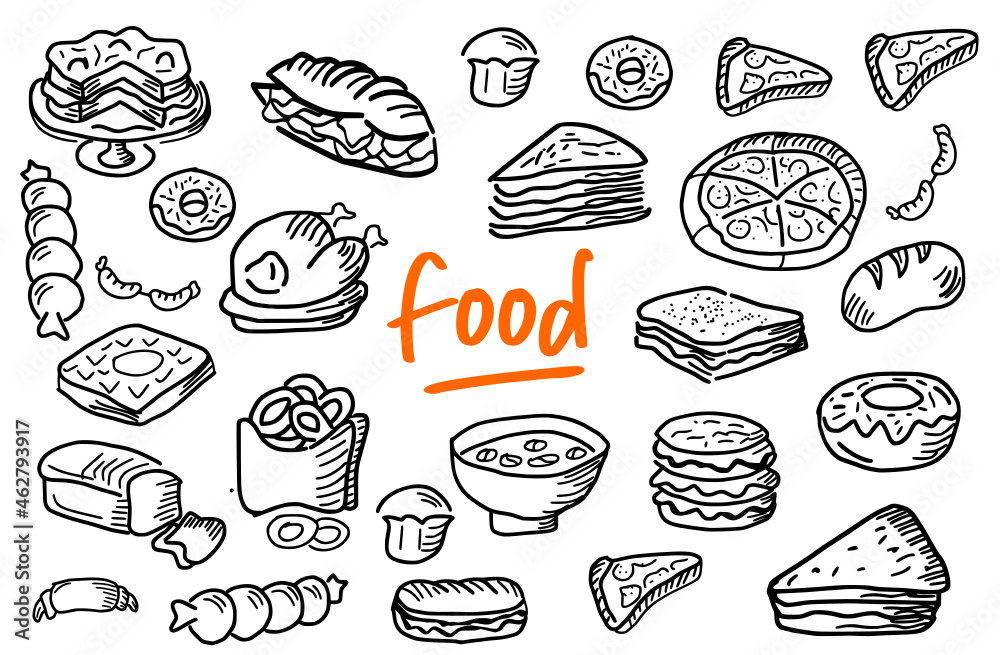 Hand drawn set of  food  doodles with lettering in vector