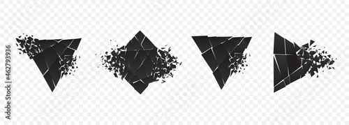 Shape explosion broken and shattered flat style design vector illustration set isolated on transparent background. Various types of triangle, rhombus shape in grayscale gradient exploding demolition.