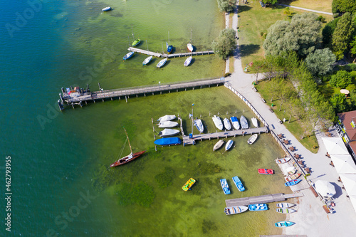 Aerial view of jetty at Utting, Bavaria, Germany