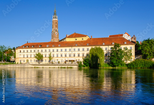 Germany, Landshut, City theater, Trausnitz Castle and Chrurch of St Martin at Isar River photo