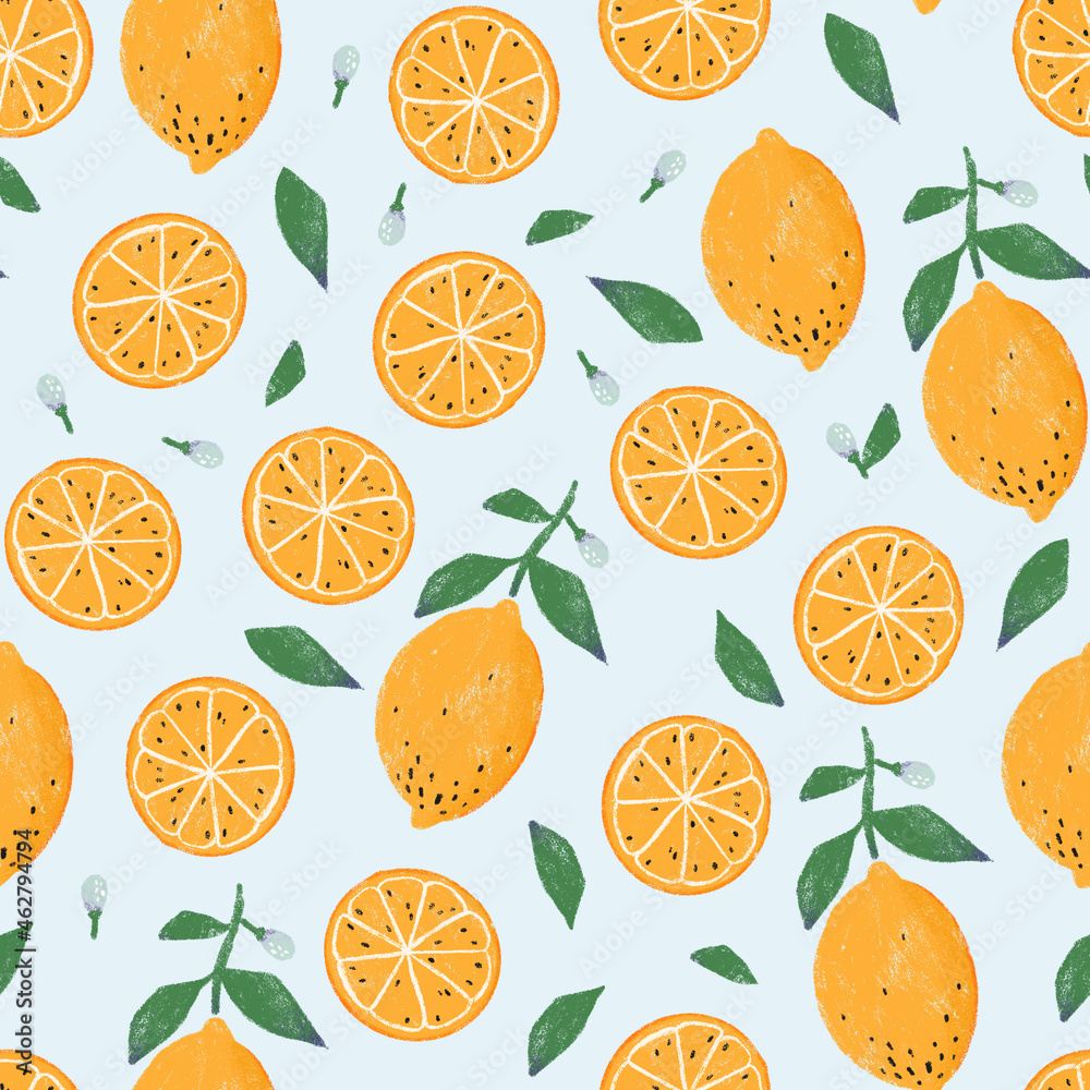Lemon seamless pattern: exotic fruits in crayon style Lemon seamless pattern: exotic fruits in crayon style