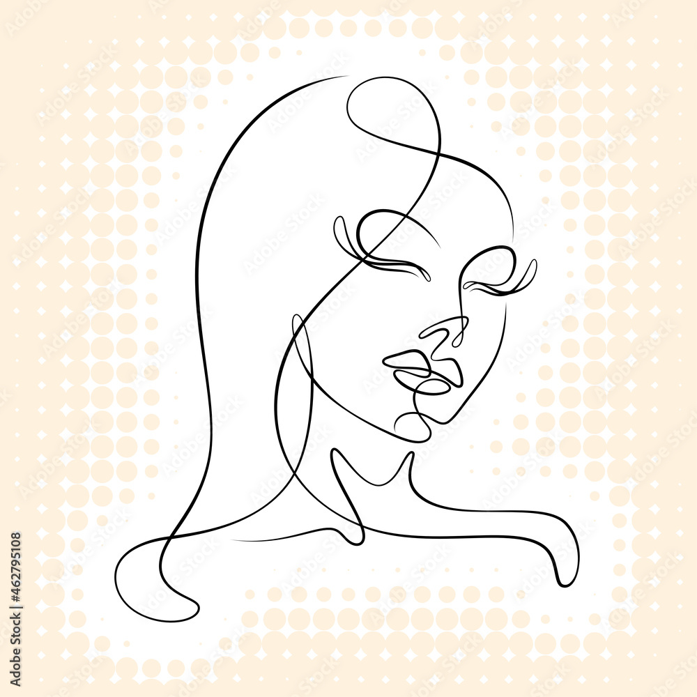International Women's Day minimal design line drawing style. Portrait of young woman beauty face isolated on yellow halftone background. Vector for Spa, fashion, hairdressing and beautiful artwork.