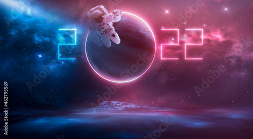 Fototapeta Naklejka Na Ścianę i Meble -  Space 2022. Futuristic space sci-fi abstract background with flying astronaut. Neon abstract space background with nebula and stars. Elements of this image furnished by NASA. 3D illustration. 