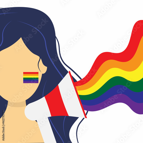 Girl holding megaphone or lgbt rainbow loudspeaker during pride month celebration. Lgbt girl poster.