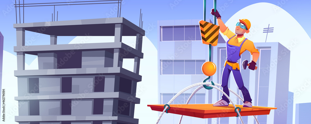 Builder on construction site, worker character in hardhat and overalls stand on platform lifting with crane up on building roof at cityscape baclground. Contractor job, Cartoon vector illustration - obrazy, fototapety, plakaty 