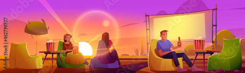 People rest in open air cinema on lawn with big screen, chairs and tables at evening. Vector cartoon summer landscape of backyard or public park with outdoor movie theater, man and women at sunset