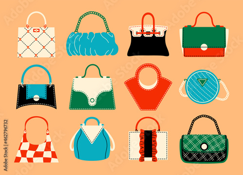 Cartoon purse. Women fashion accessories, trendy luxury clutch, bag and hobo. Vector doodle handbag set