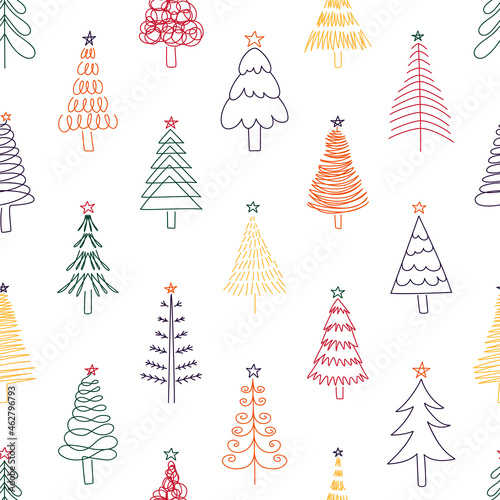 Christmas tree pattern. Seamless doodle linear fir tree for wrapping present paper and greeting postcards. Vector spruce tree print