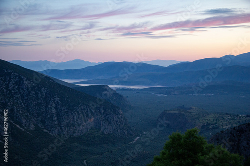 Greece, Delfi, view on Gulf of Corinth at dusk photo