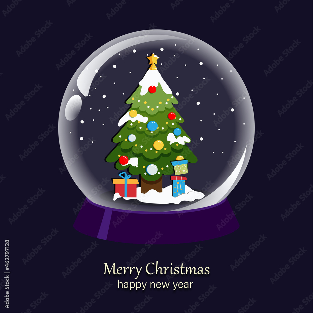 Happy New Year and Merry Christmas. Vector illustration with snow globe, gifts and Christmas tree Happy New Year and Merry Christmas. Vector illustration with snow globe, gifts and Christmas tree