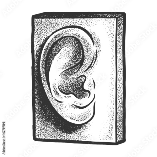 gypsum plaster cast human ear sketch engraving vector illustration. T-shirt apparel print design. Scratch board imitation. Black and white hand drawn image.