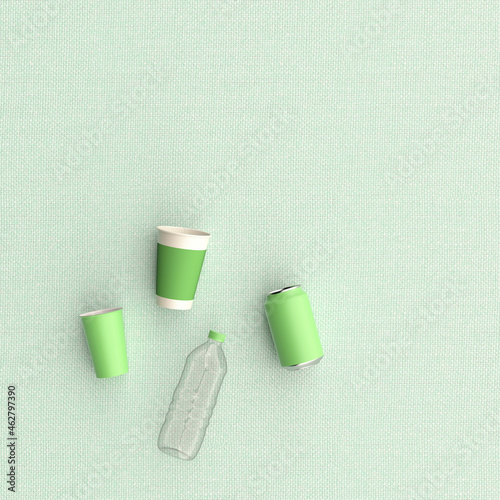 Wallpaper Mural 3D rendering, Plastic cups, can and bottle on green background Torontodigital.ca