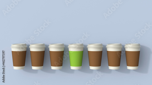 3D rendering, Row of disposable coffee cups with a green outsider photo
