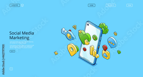 Social media marketing banner. Concept of network advertising, internet marketing. Vector landing page of SMM with isometric mobile phone with icons for social media app