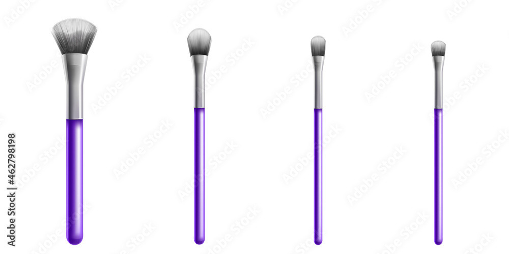 Makeup brushes, professional cosmetic tools. Vector realistic set of 3d make up brushes different sizes for blush, eyeshadow, foundation and concealer. Beauty tassels for visage