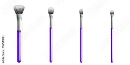 Makeup brushes, professional cosmetic tools. Vector realistic set of 3d make up brushes different sizes for blush, eyeshadow, foundation and concealer. Beauty tassels for visage