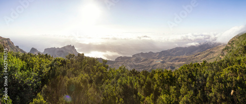 Spain, Canary Islands, La Gomera, Mirador de Alojera, view over landscape with cloud cover
