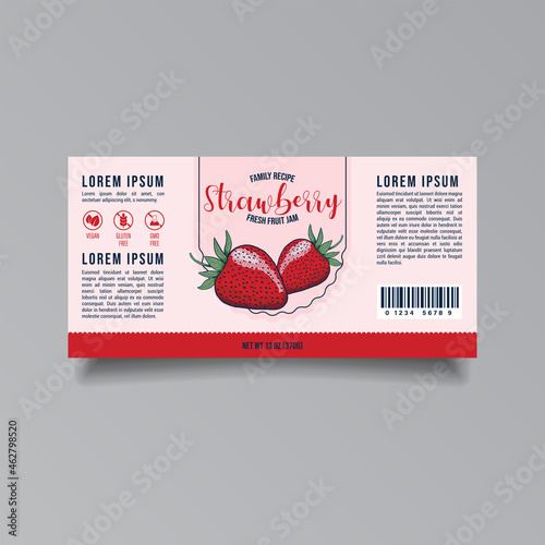 Retro Family recipe Strawberry jam label template. Abstract modern vector packaging design layout. Colorful banner with typography and hand drawn fruit. Isolated