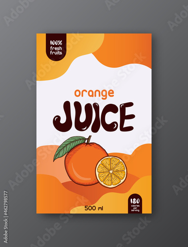 Family recipe Orange juice label template. Abstract modern vector packaging design layout. Color gradient banner with typography and hand drawn fruit. Isolated