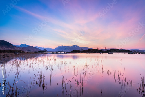 Idyllic shot of Lochan nah Achlaise against sky during sunset, Scottish Highlands, Scotland, UK photo