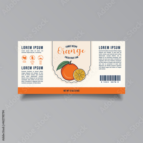 Retro Family recipe Orange jam label template. Abstract modern vector packaging design layout. Colorful banner with typography and hand drawn fruit. Isolated